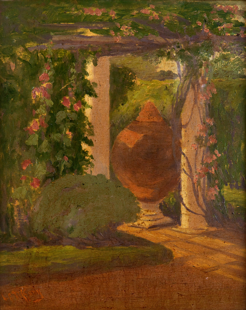LOUIS COMFORT TIFFANY Garden Scene with a Trellis and a Large Urn.